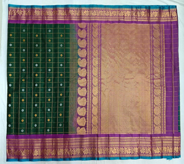 Handloom Gadwal SICO ( silk cotton) saree in bottle green  & purple