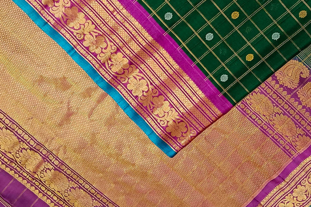 Handloom Gadwal SICO ( silk cotton) saree in bottle green  & purple