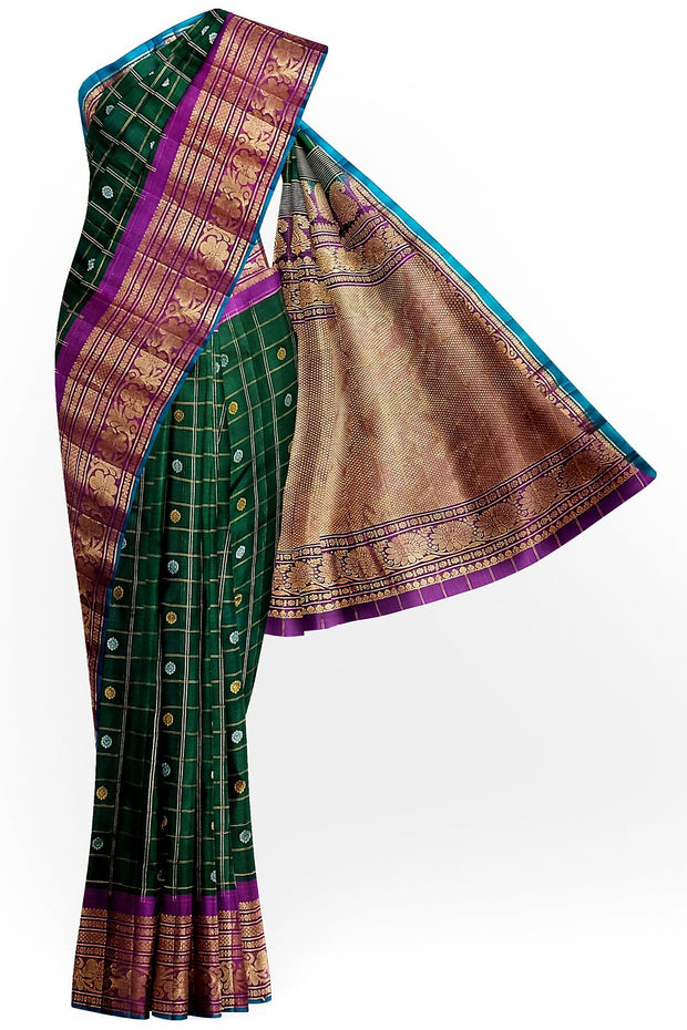 Handloom Gadwal SICO ( silk cotton) saree in bottle green  & purple