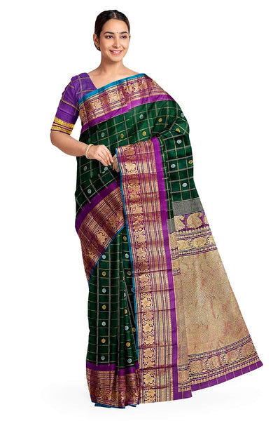 Handloom Gadwal SICO ( silk cotton) saree in bottle green  & purple