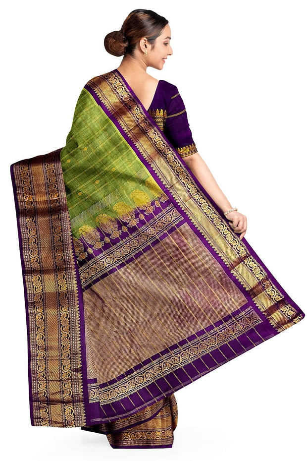 Handloom Gadwal SICO ( silk cotton) saree in mehndi  green