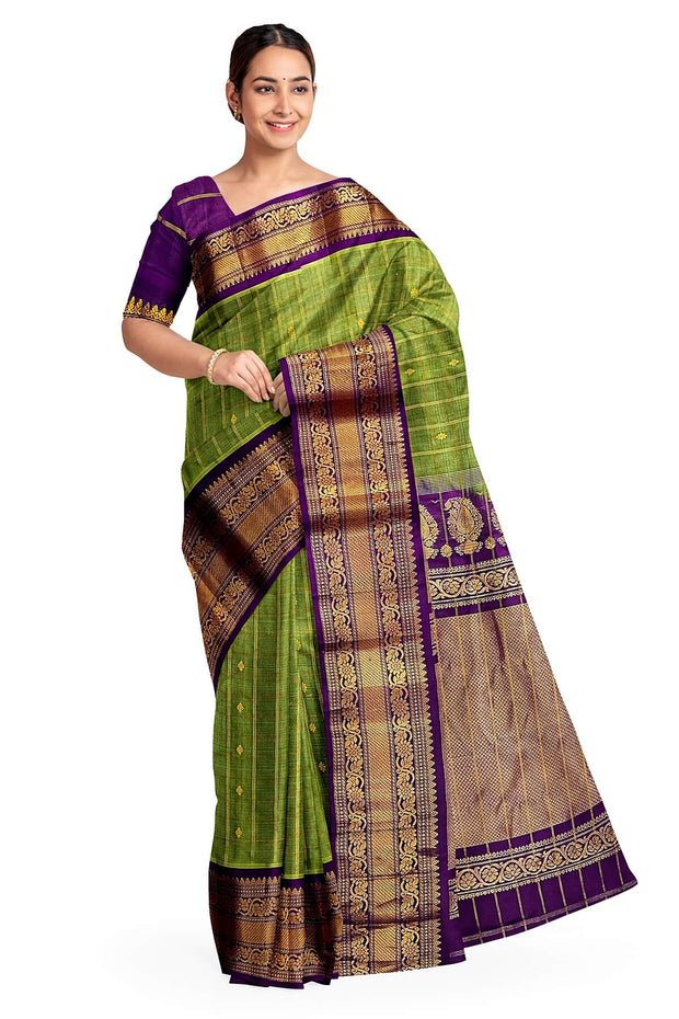 Handloom Gadwal SICO ( silk cotton) saree in mehndi  green