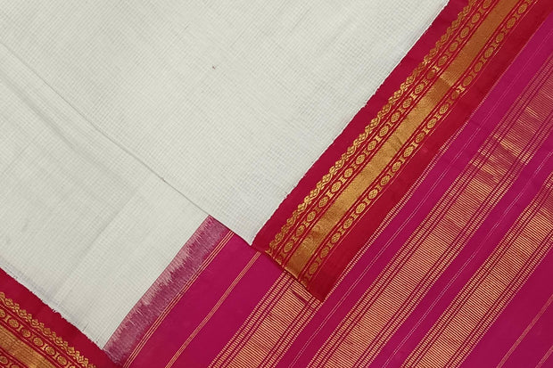 Handloom Gadwal pure cotton saree in fine checks in  white with silk pallu