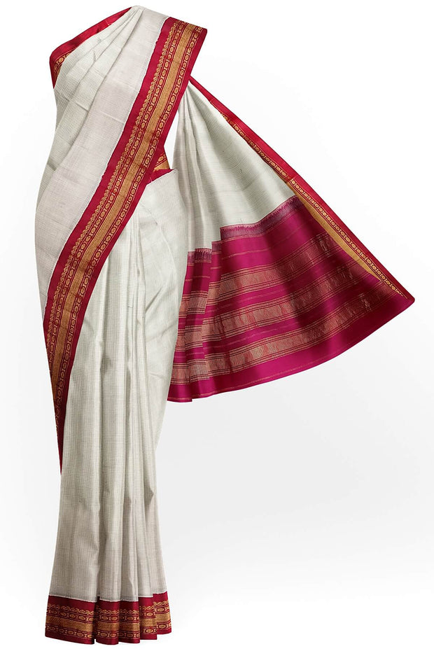 Handloom Gadwal pure cotton saree in fine checks in  white with silk pallu