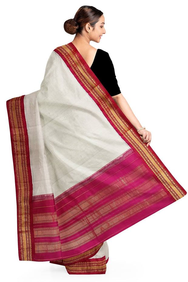 Handloom Gadwal pure cotton saree in fine checks in  white with silk pallu