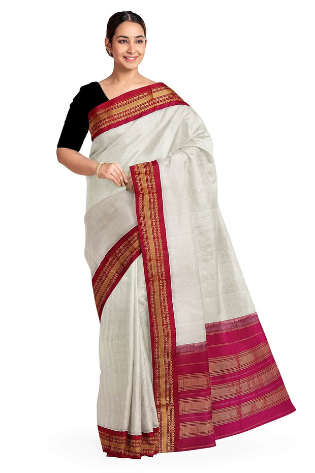 Handloom Gadwal pure cotton saree in fine checks in  white with silk pallu