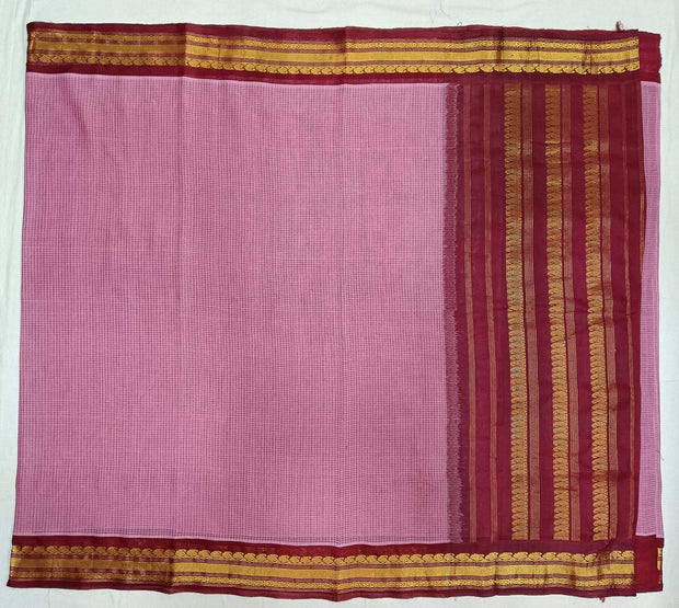 Handloom Gadwal pure cotton saree in fine checks in pink with silk pallu