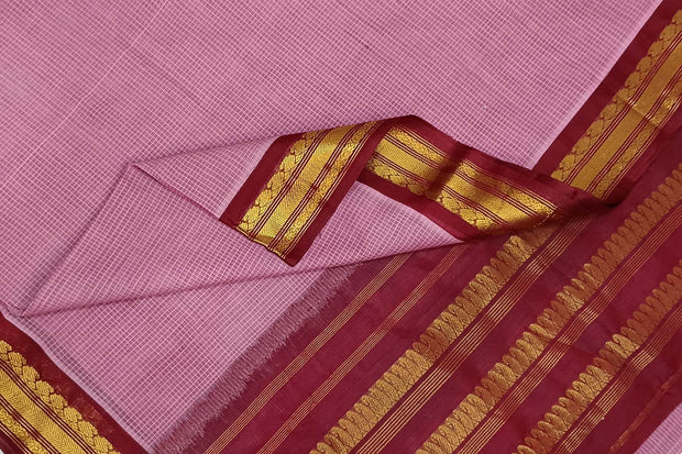 Handloom Gadwal pure cotton saree in fine checks in pink with silk pallu