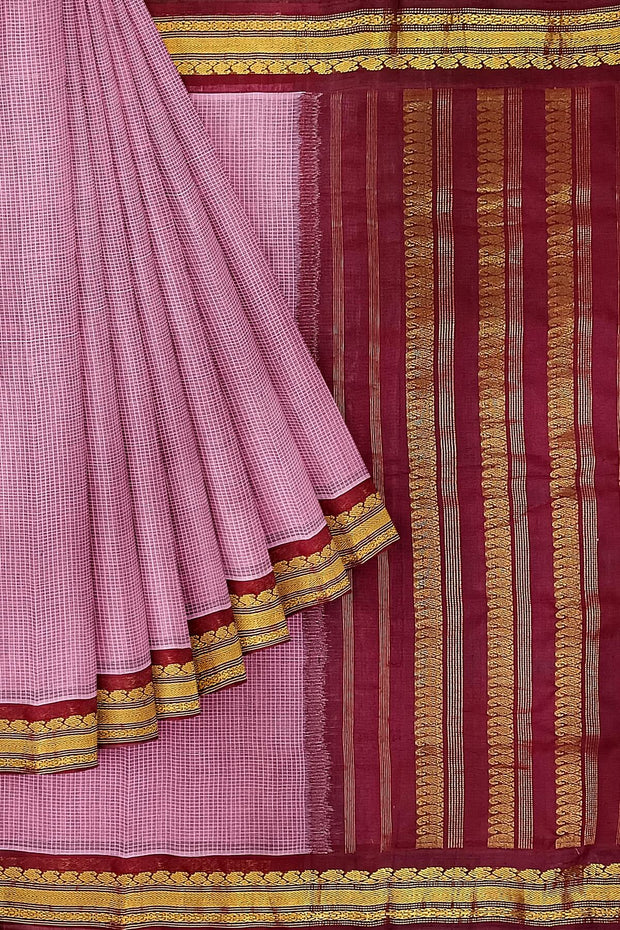 Handloom Gadwal pure cotton saree in fine checks in pink with silk pallu