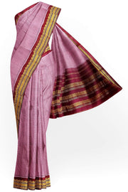 Handloom Gadwal pure cotton saree in fine checks in pink with silk pallu