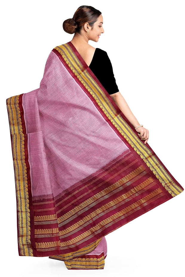 Handloom Gadwal pure cotton saree in fine checks in pink with silk pallu