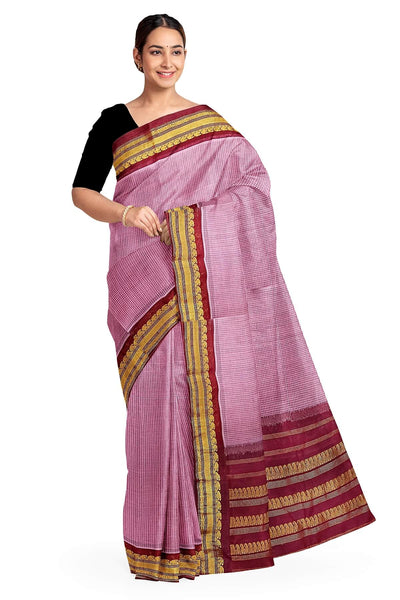 Handloom Gadwal pure cotton saree in fine checks in pink with silk pallu