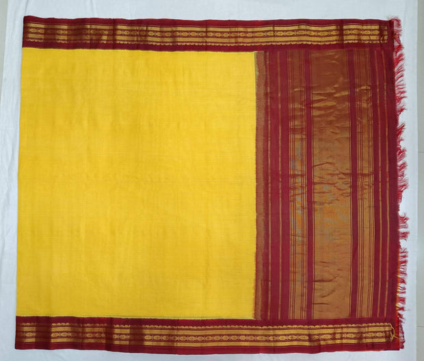 Handloom Gadwal pure cotton saree in fine checks in yellow with silk pallu