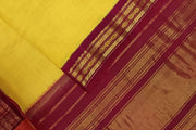 Handloom Gadwal pure cotton saree in fine checks in yellow with silk pallu