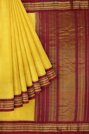 Handloom Gadwal pure cotton saree in fine checks in yellow with silk pallu