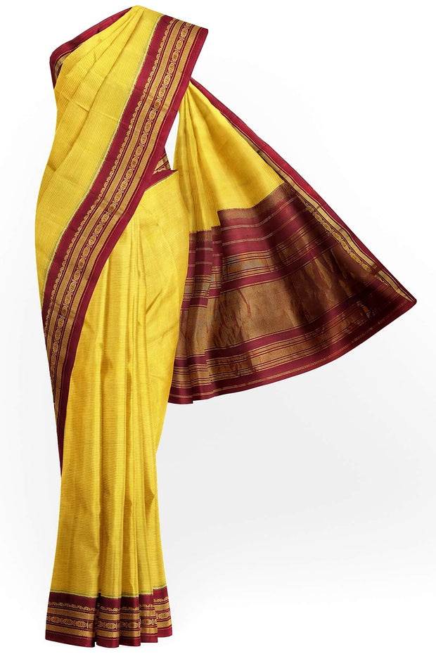 Handloom Gadwal pure cotton saree in fine checks in yellow with silk pallu