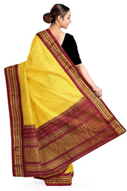 Handloom Gadwal pure cotton saree in fine checks in yellow with silk pallu