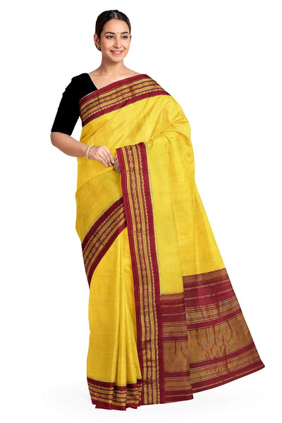 Handloom Gadwal pure cotton saree in fine checks in yellow with silk pallu