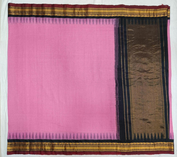 Handloom Gadwal pure cotton saree in fine checks in  pink with silk pallu