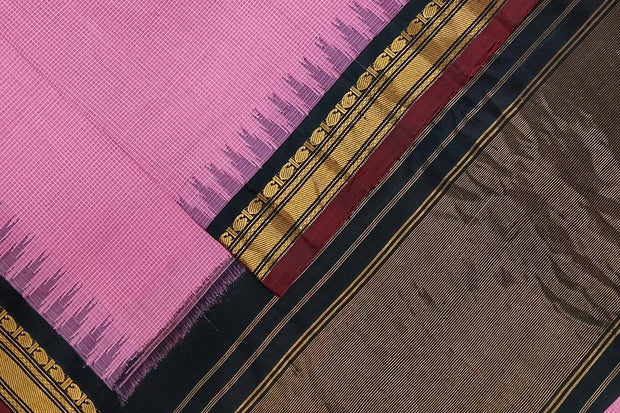 Handloom Gadwal pure cotton saree in fine checks in  pink with silk pallu