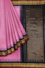 Handloom Gadwal pure cotton saree in fine checks in  pink with silk pallu