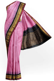 Handloom Gadwal pure cotton saree in fine checks in  pink with silk pallu