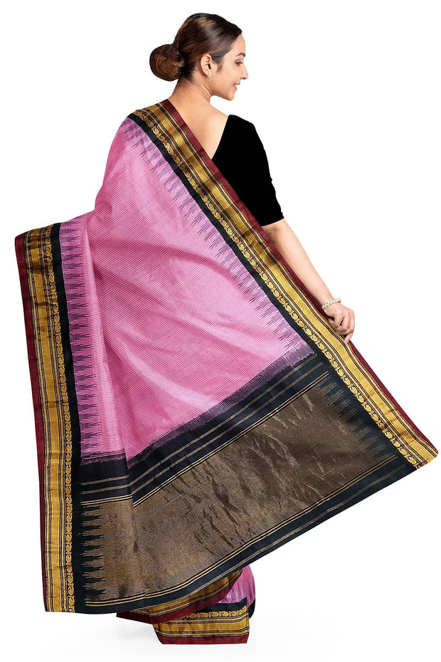 Handloom Gadwal pure cotton saree in fine checks in  pink with silk pallu