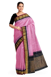 Handloom Gadwal pure cotton saree in fine checks in  pink with silk pallu