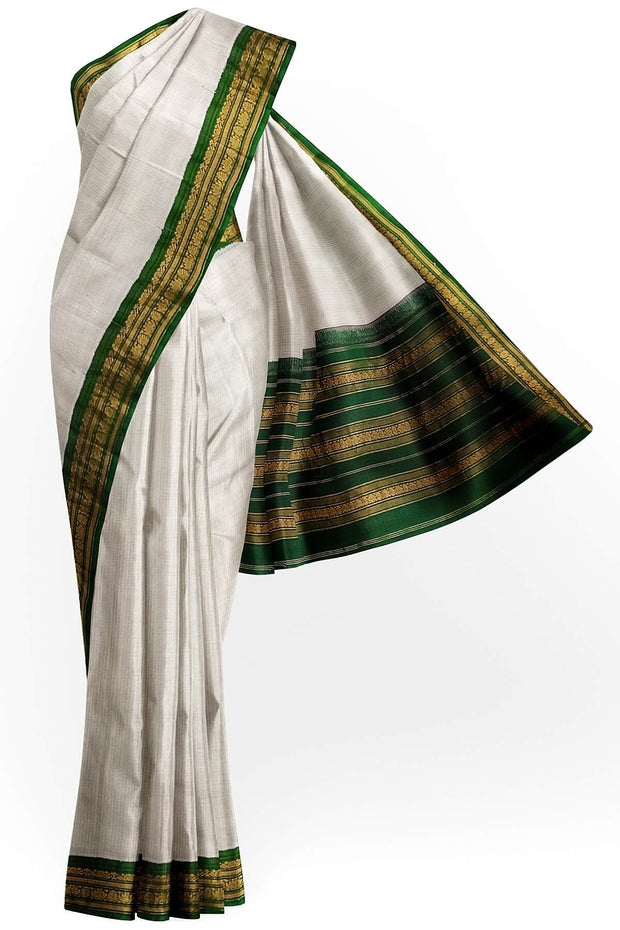 Handloom Gadwal pure cotton saree in fine checks in  white  with silk pallu