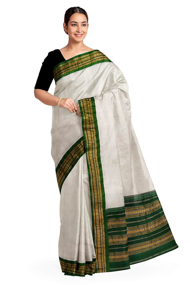 Handloom Gadwal pure cotton saree in fine checks in  white  with silk pallu