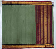 Handloom Gadwal pure cotton saree in fine checks in moss green  with silk pallu