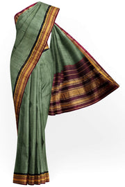 Handloom Gadwal pure cotton saree in fine checks in moss green  with silk pallu