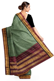 Handloom Gadwal pure cotton saree in fine checks in moss green  with silk pallu