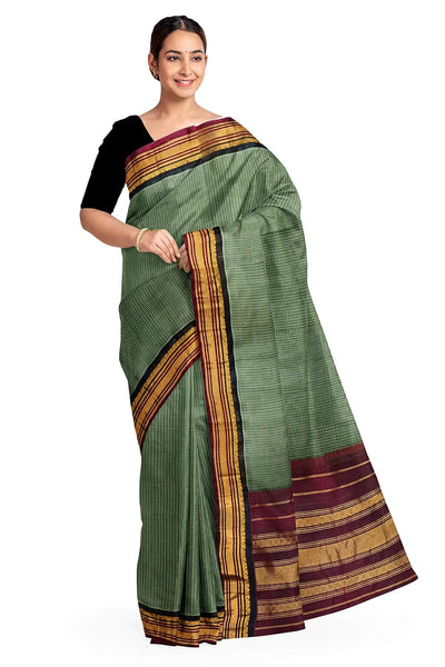 Handloom Gadwal pure cotton saree in fine checks in moss green  with silk pallu