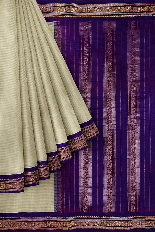 Handloom Gadwal pure cotton saree in fine checks in beige with silk pallu