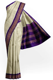 Handloom Gadwal pure cotton saree in fine checks in beige with silk pallu