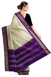 Handloom Gadwal pure cotton saree in fine checks in beige with silk pallu