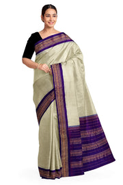 Handloom Gadwal pure cotton saree in fine checks in beige with silk pallu