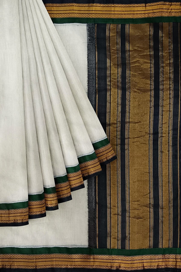 Handloom Gadwal pure cotton saree in fine checks in white with silk pallu