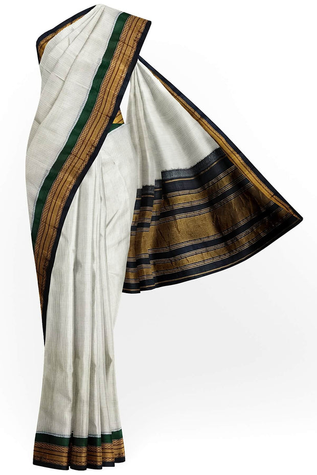 Handloom Gadwal pure cotton saree in fine checks in white with silk pallu