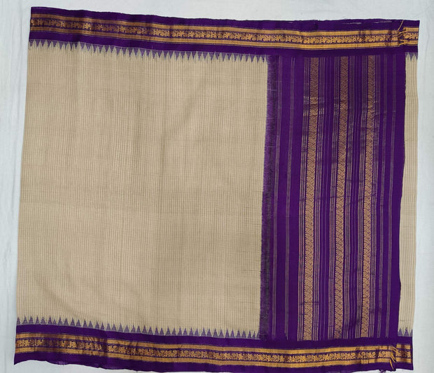 Handloom Gadwal pure cotton saree in fine checks in ivory white with silk pallu