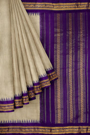 Handloom Gadwal pure cotton saree in fine checks in ivory white with silk pallu