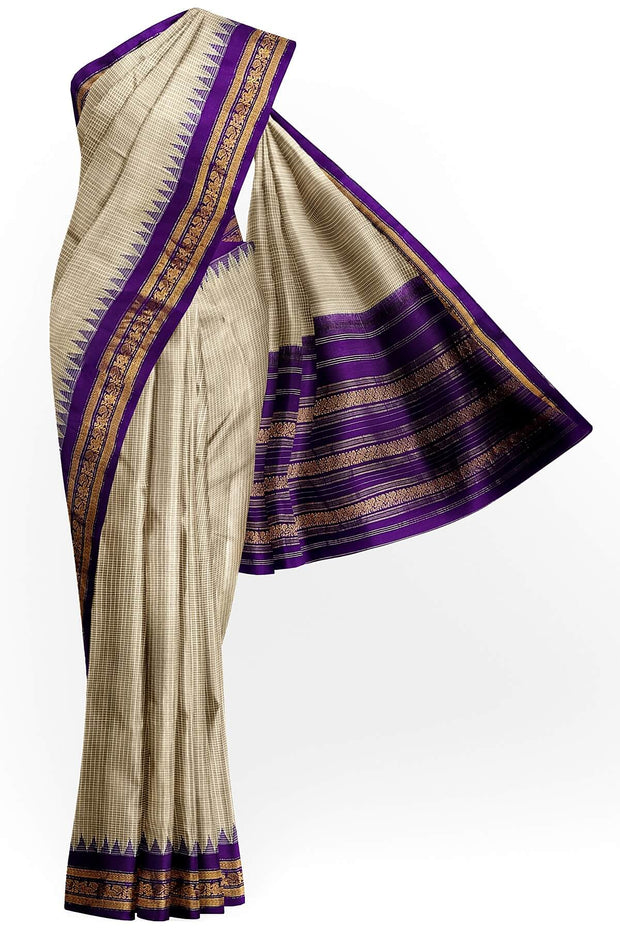 Handloom Gadwal pure cotton saree in fine checks in ivory white with silk pallu