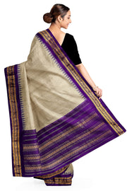 Handloom Gadwal pure cotton saree in fine checks in ivory white with silk pallu