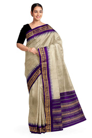 Handloom Gadwal pure cotton saree in fine checks in ivory white with silk pallu