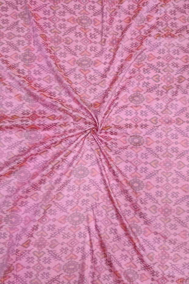 Handwoven Ikat pure silk fabric in pink in dupion finish