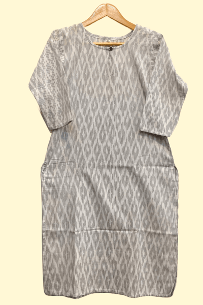 Handwoven ikat cotton kurti in straight cut in white