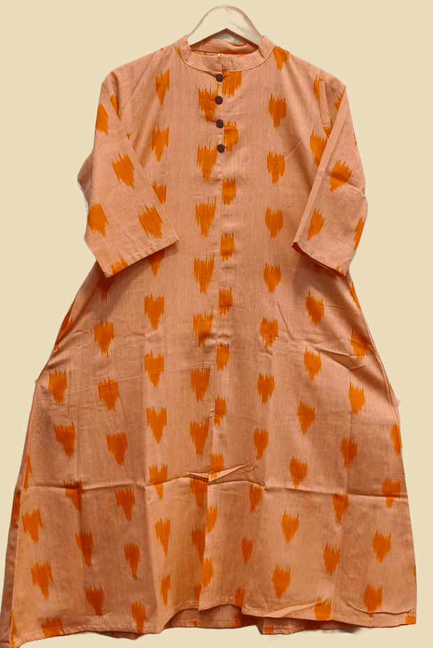 Ikat cotton kurti in collar neck type in peach