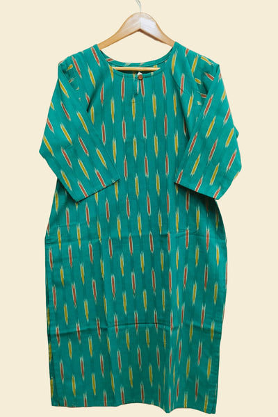 Handwoven ikat cotton kurti in straight cut in green