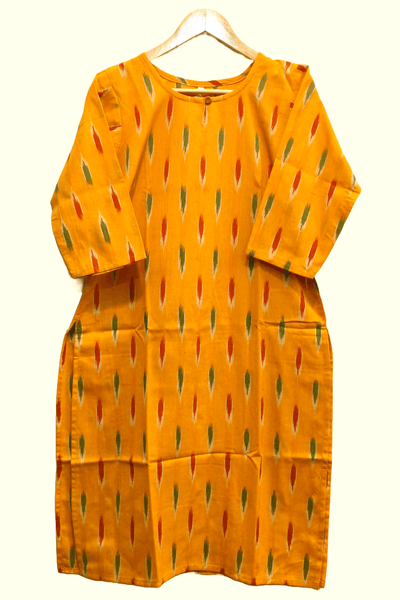 Handwoven ikat cotton kurti in straight cut in yellow